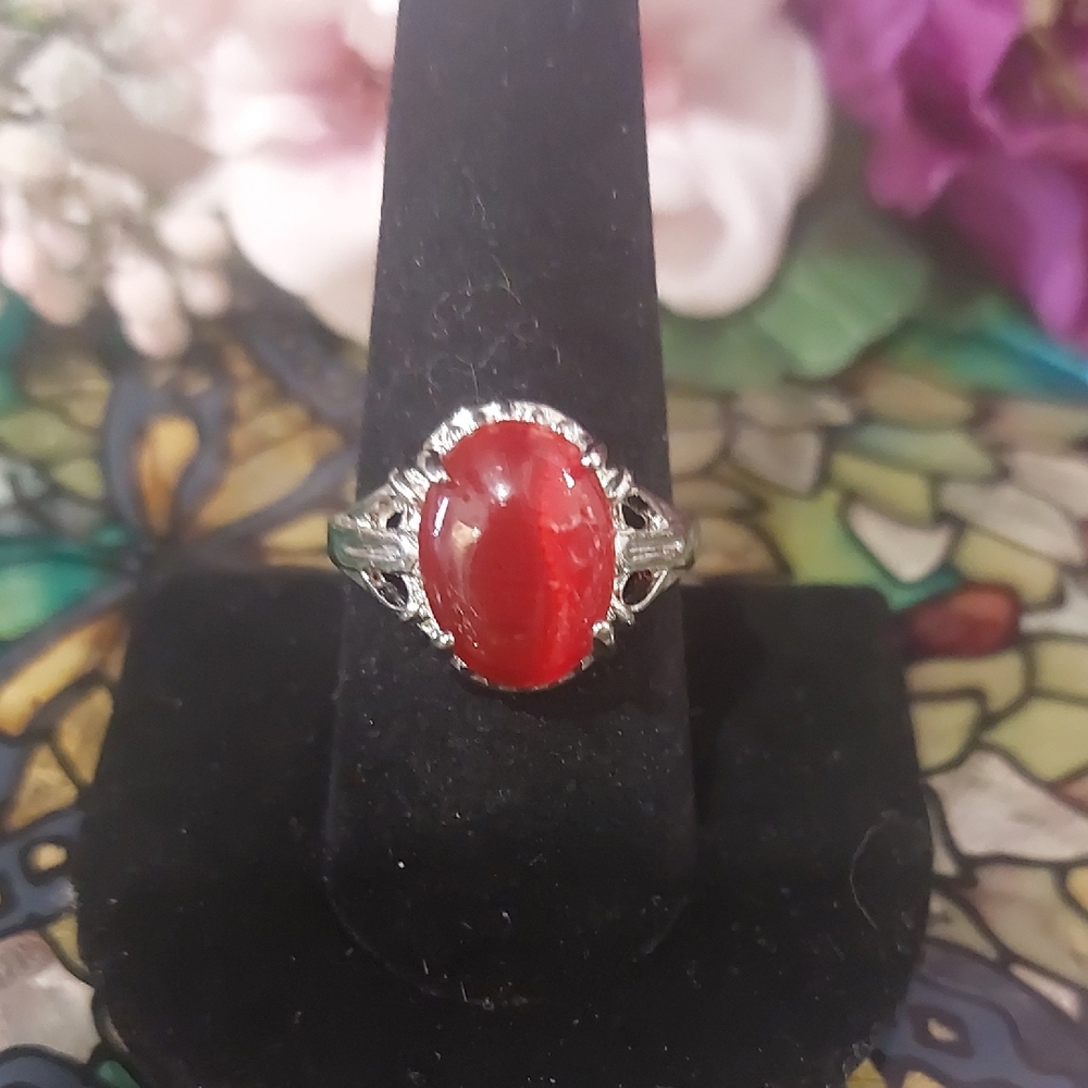 2 For $10 Catseye Glass Red Silver Fashion Ring 9 1/2